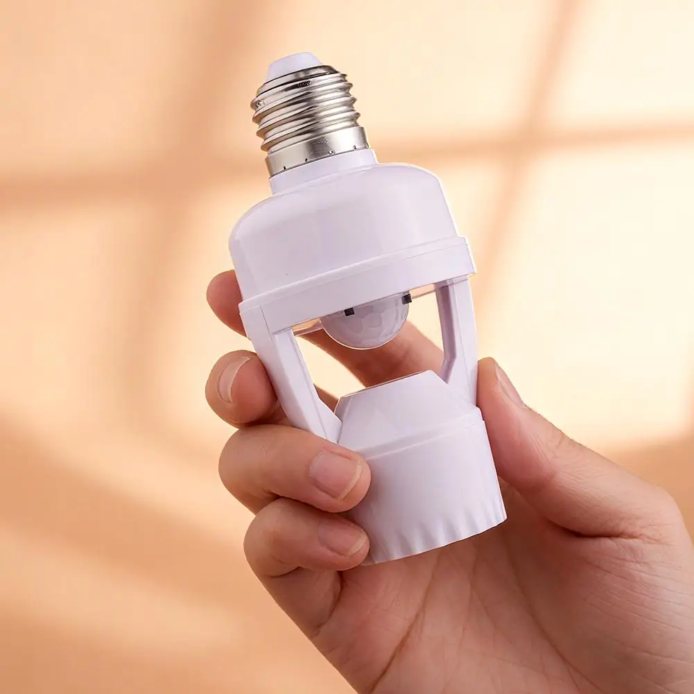 E27 LED Light Bulb Holder with PIR Infrared Motion Sensor Screw Socket Lamp Switch 360 Degrees Adjustable Detection Button