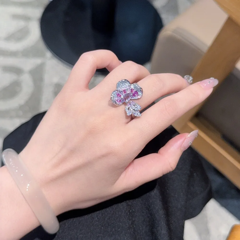 Super Flash Light Luxury Noble Purple Sparkling Zircon Flower Butterfly Ring Adjustable Size Elegant Elegance High End Jewelry
