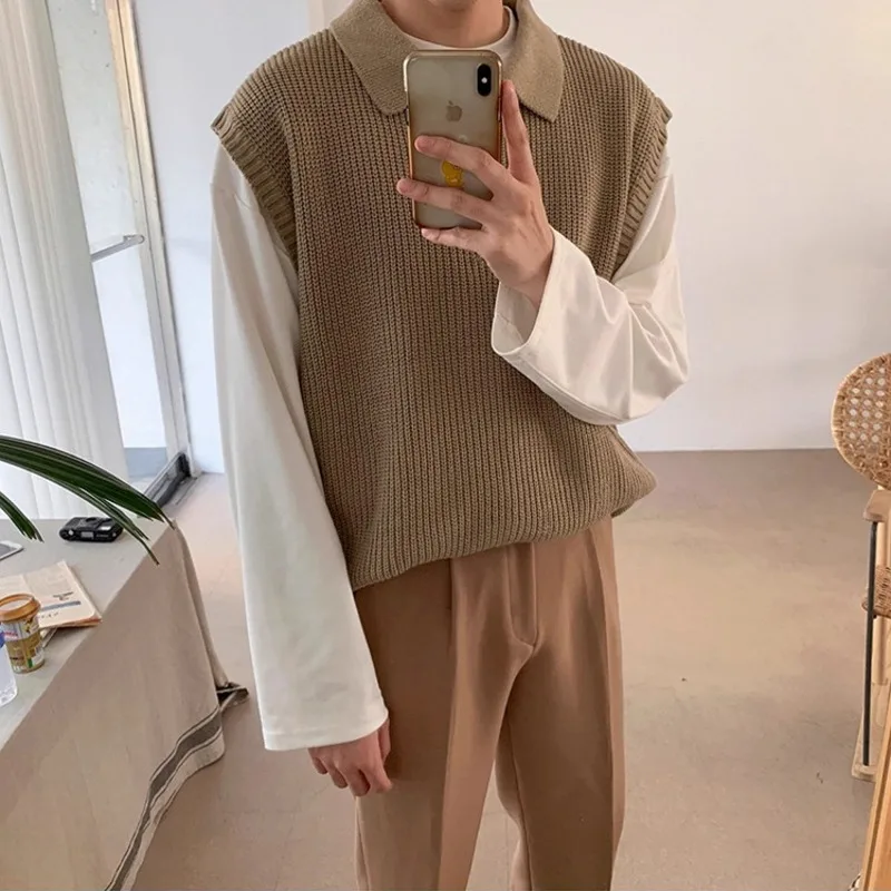 Winter Lapel Sweater Vest Men Warm Fashion Casual Knitted Pullover Men Korean Loose Sleeveless Sweater Mens Jumper Clothes M-2XL
