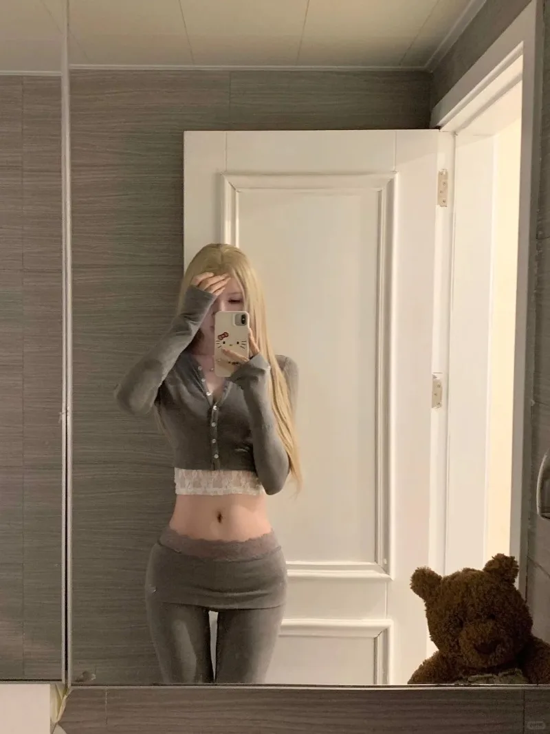 

Pure Sexy Pants Set Women's Spring Slim Fit Long-sleeved Knitted Cardigan T-shirt Top High Waisted Flared Pants Two-piece Set