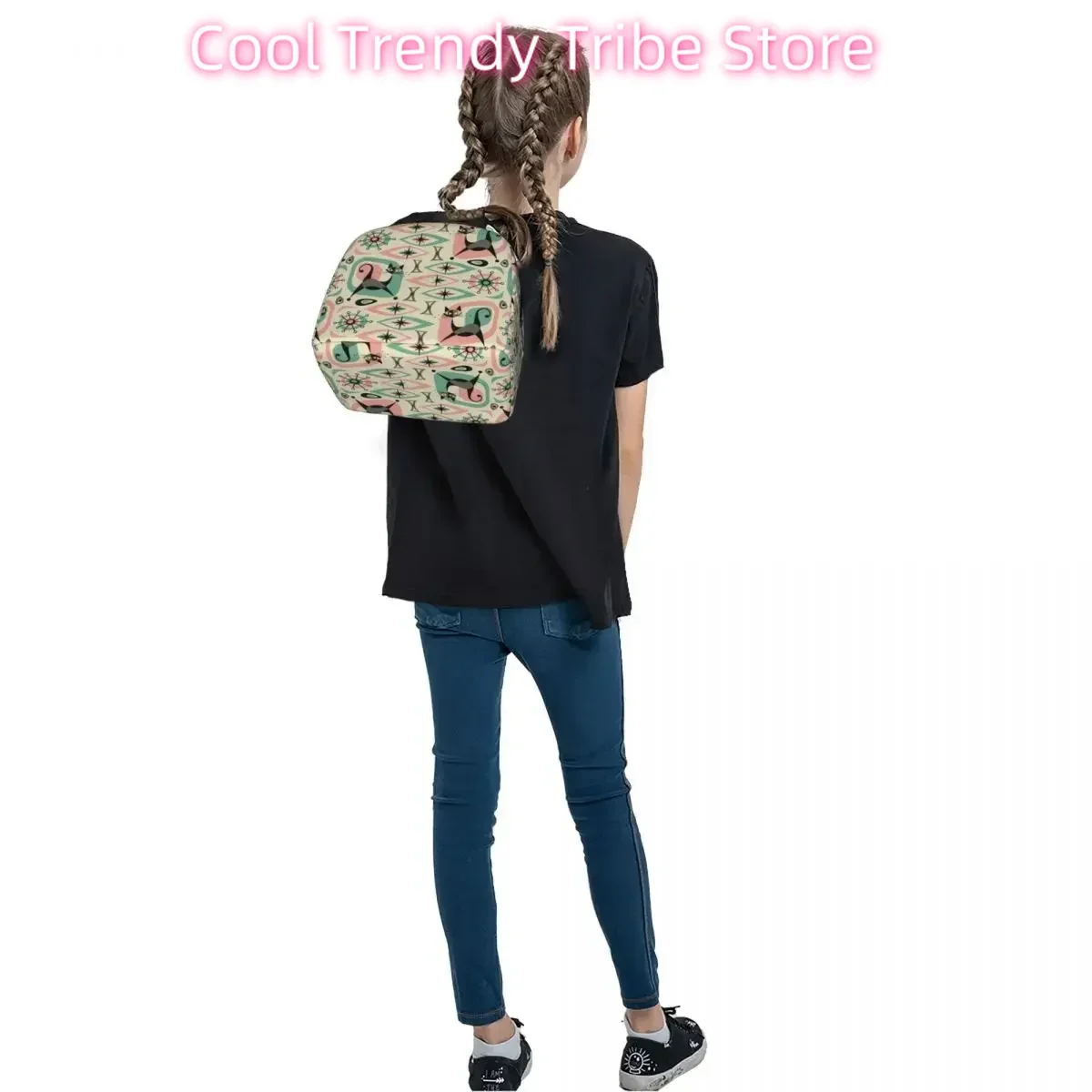 Mid Century Cat Abstract Insulated Lunch Bags Resuable Picnic Bag Thermal Cooler Lunch Box Lunch Tote for Woman Work Kids School