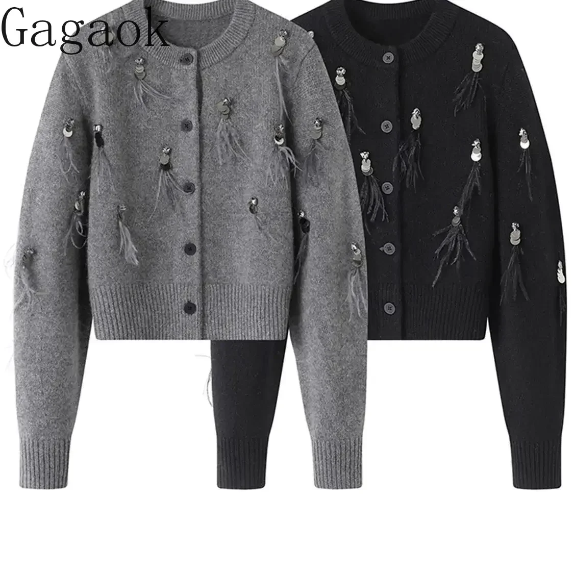 Gagaok French Style Sweater Coat Women 2024 New Autumn Tassel Sequin Diamond Feathers Knitted Cardigan Gentle Clothes Top