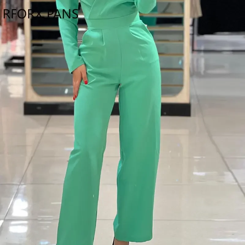 Women Solid Elegant Long Puff Sleeves  V Neck Straight Pocket Working Jumpsuit