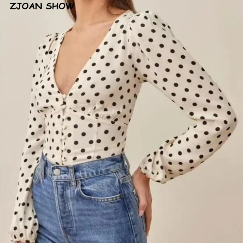 France style Retro White with Black Polka Dot Print Shirt Women Puff Sleeve Center Buttons V neck Slim Fit Blouse Cropped Tops