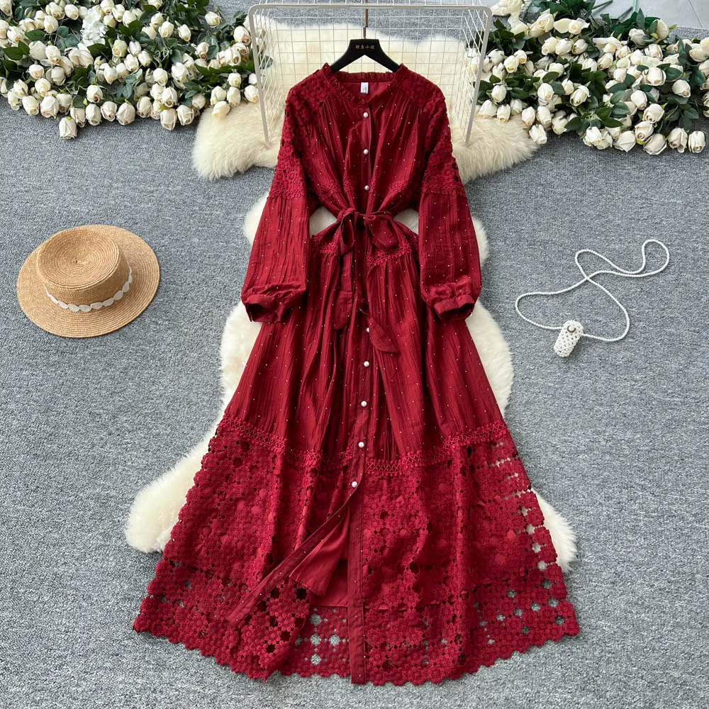 

Vintage sexy lace Ruched A-line long sleeve Dress Chic Summer Beach Vestidos Women Vacation dresses
