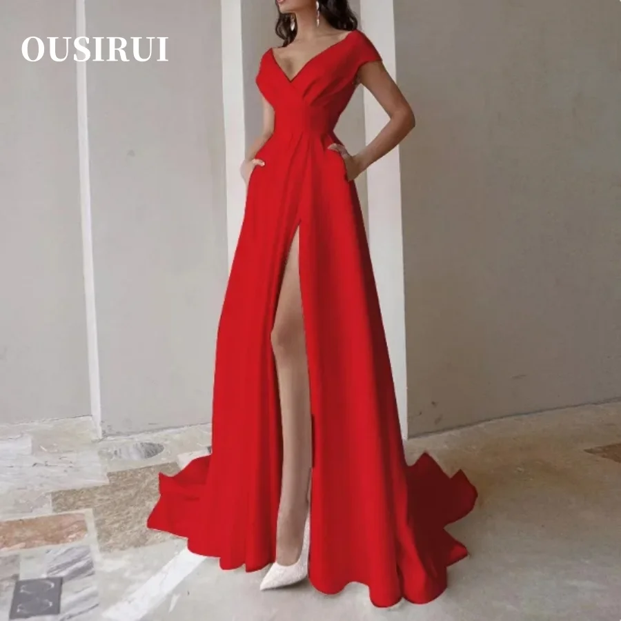 Vestido sem mangas com fenda de cintura alta feminino, Elegante, Vestidos de Festa, Sexy Irregular, Decote V Sólido, Babados, Vestido Longo, Vestidos de Graduação, 2024