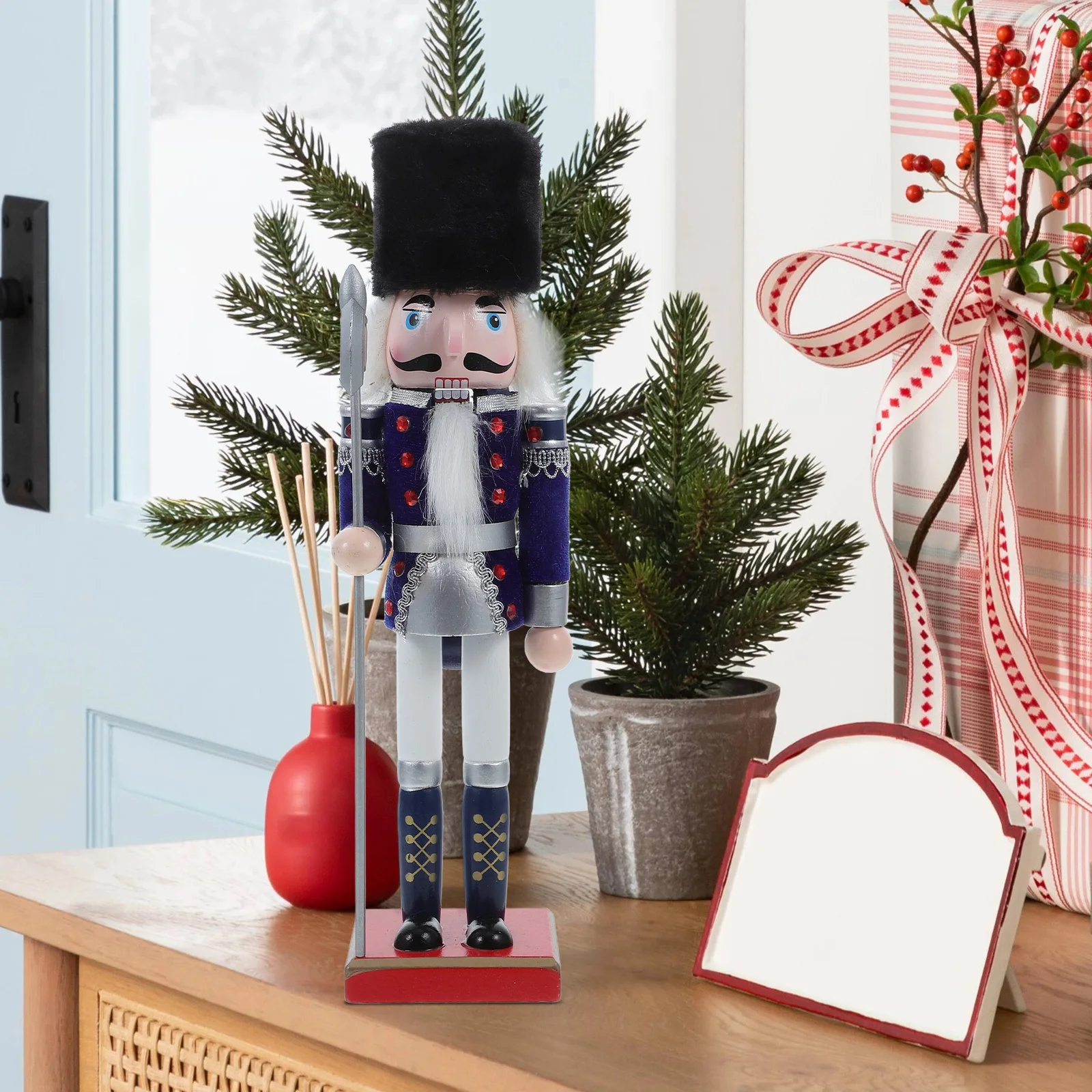 

Wooden Nutcracker Soldier Statue for Holiday Decor Traditional Christmas Mantel Table Display Festive Seasonal Decoration Puppet