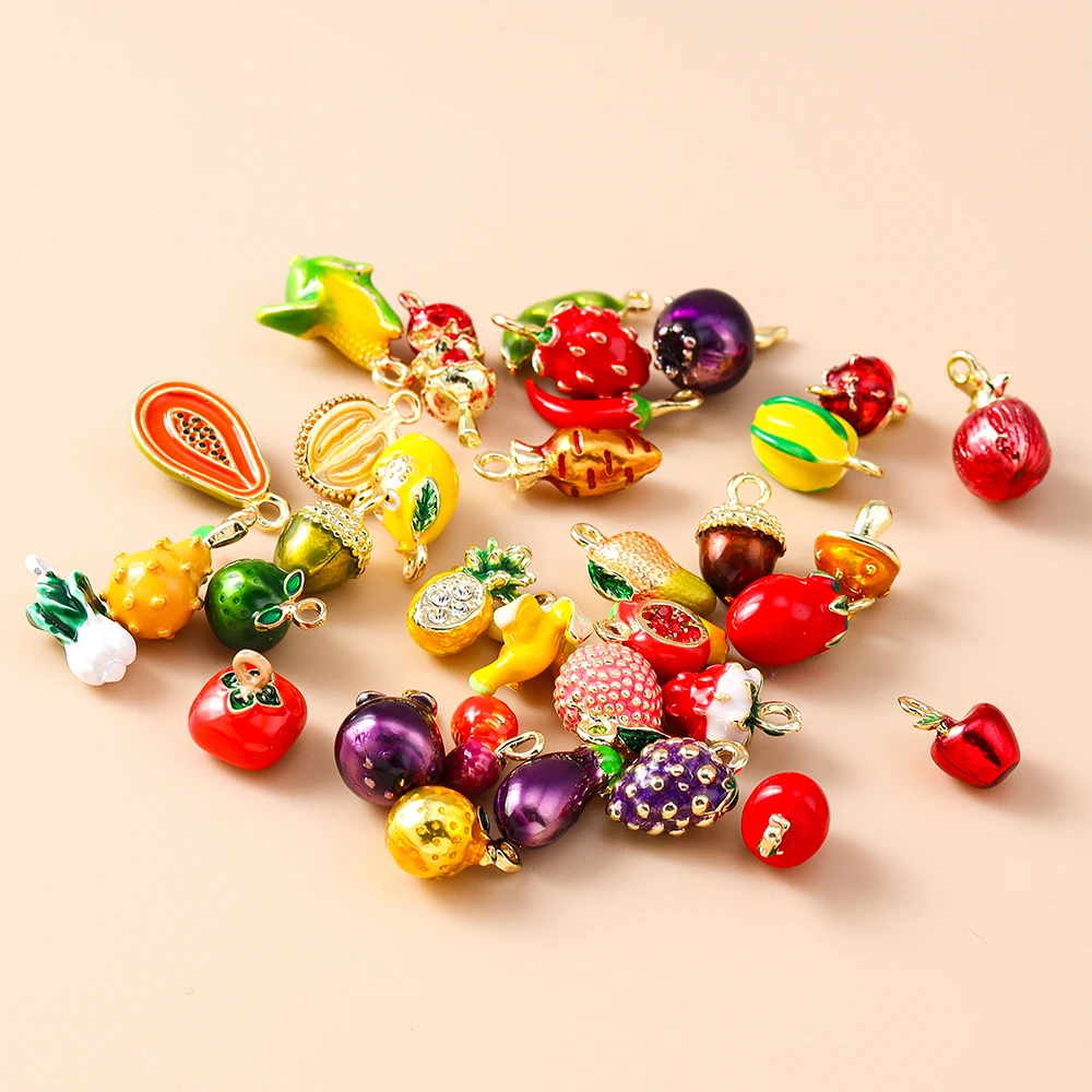 Leslie 5pcs Cute Mini Fruit Pendants Apple Banana Lemon Grape Charm Beads for Brand Sterling Silver Bracelet Jewelry Making DIY