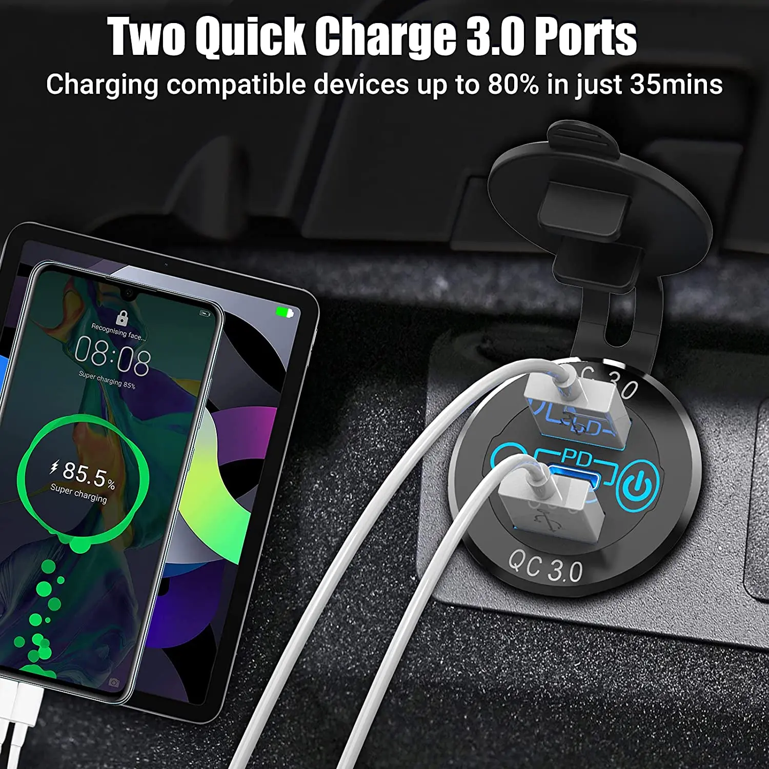 DaierTek Car USB Charger Socket Metal 60W Car Charger 12V 24V USB Outlet PD USB-C & Two QC3.0 Ports Touch Switch For Boat Marine image 4