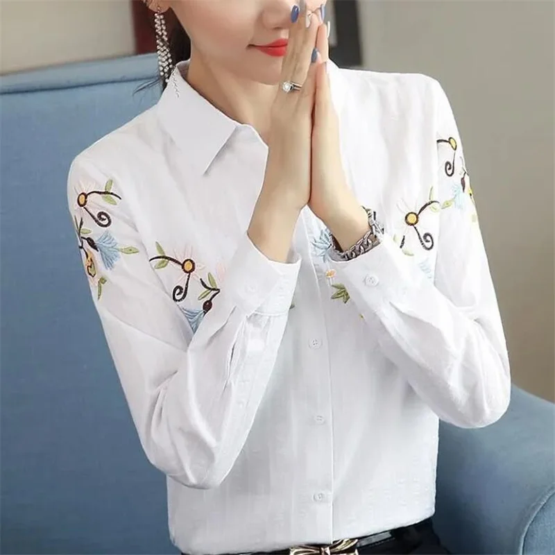 Pure Cotton Embroidered Shirt Women Blouses Retro Blouse National Tops Lapel Long-Sleeve Button Loose All-Match Female Blusa