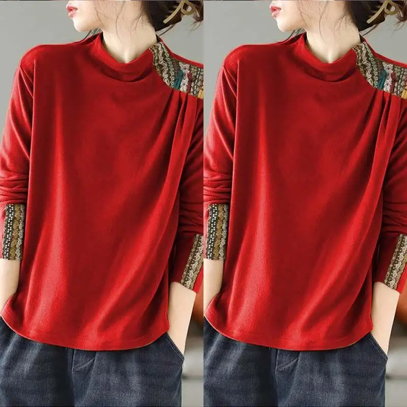 T-shirt Double face en velours à manches longues pour femme, coupe ample, amincissant, vêtements d'intérieur, Design imprimé coréen, automne hiver