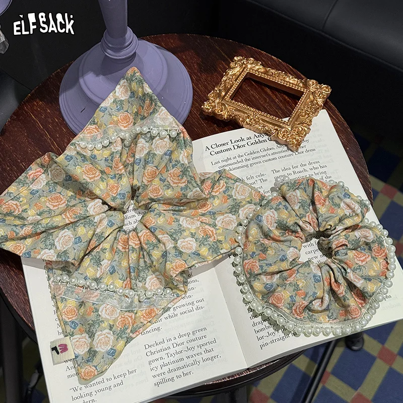 

ELFSACK 2025 Summer New Arrival Oil Painting Champagne Rose Vintage French Large Intestine Hair Ring Court Style Hair Rope Women