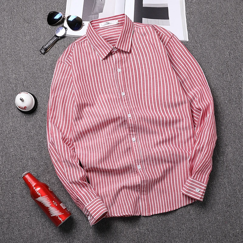 

Fall 2026 Men's Casual Striped Long Sleeve Shirt Loose Fit Teenager Handsome Cotton Polyester Blend Iron-Free Treatment