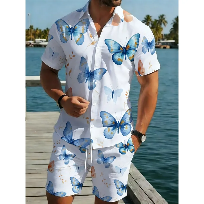 Men's Butterfly Printed Shirt & Shorts Set Lightweight Polyester Breathable Durable Beach Vacation Casual Outfit