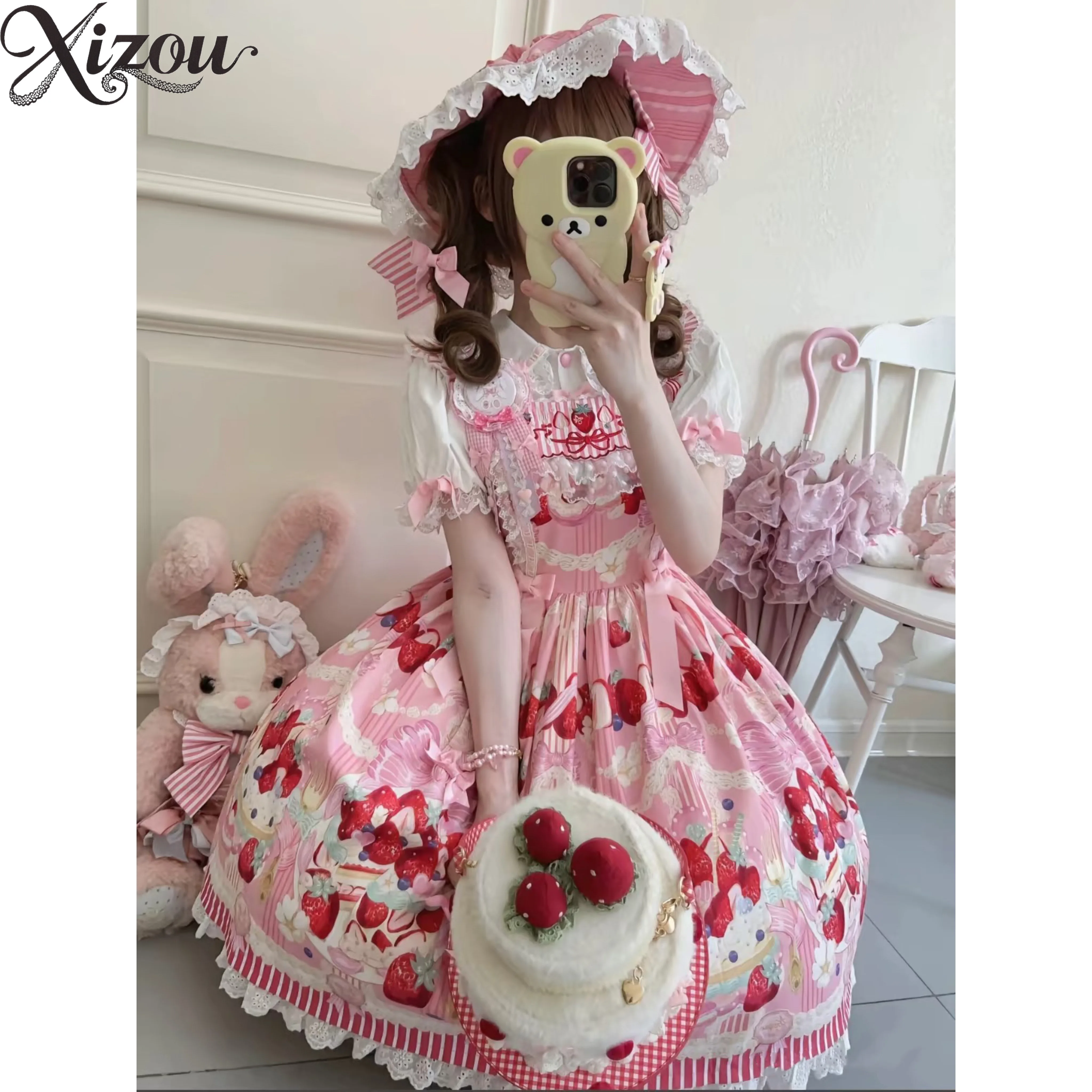 2-teiliges Set für Damen im Lolita-Stil, Sommer, niedlich, gestreift, Erdbeerrosa, JSK-Hosenträger, Prinzessin, kurzärmeliges Oberteil und Kleid-Set