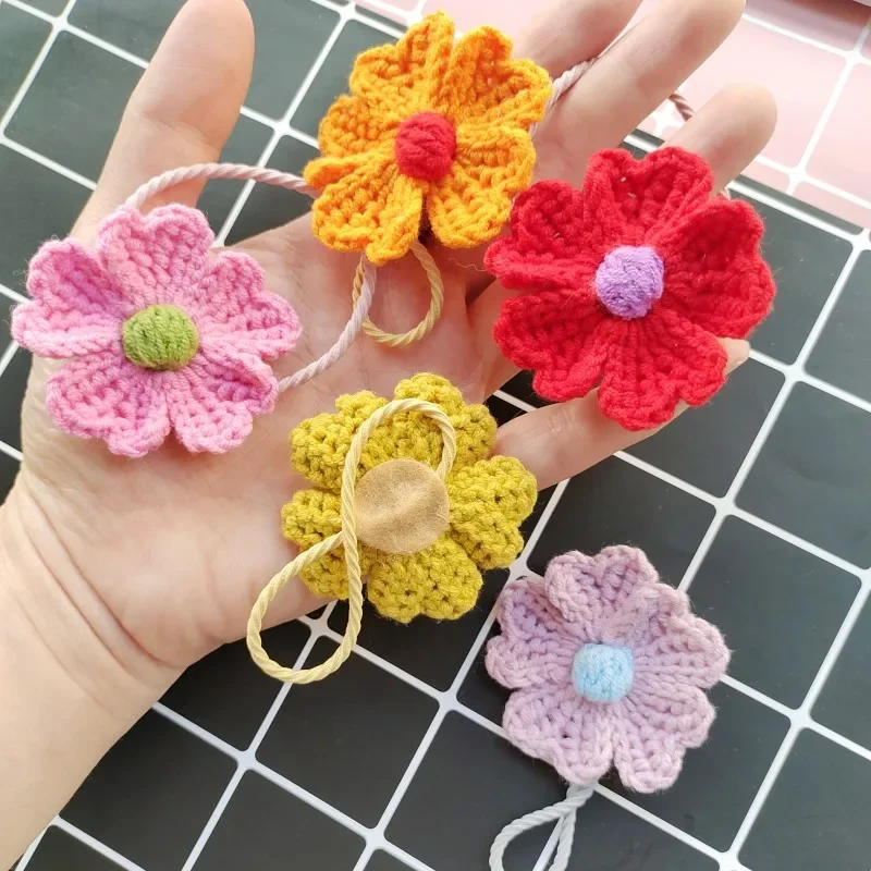 2pcs Elastic HairTies Handmade Flower  Parenting Fashion Girl Scrunchies Ponytail Holder Hair Rope Accessories Random Rope Color