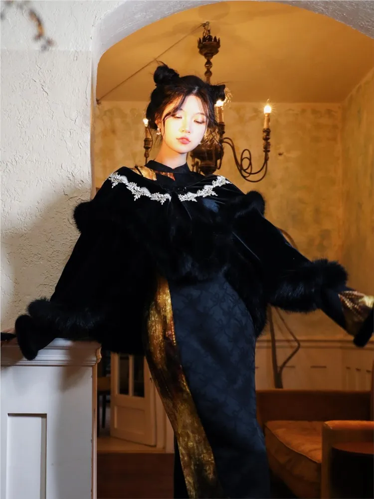 เสื้อคลุมขนสัตว์แบบจีนใหม่ ผ้าฟลีซหนานุ่ม ดีไซน์สีดำอเนกประสงค์ ให้ความอบอุ่น สั้น