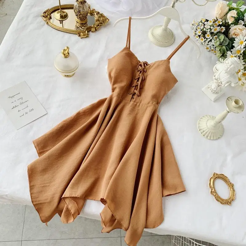 Zcwxm abiti Sexy con cinturino per le donne estate femminile scollo a V senza maniche abito a vita alta Ladys Sash Tie Up Dress