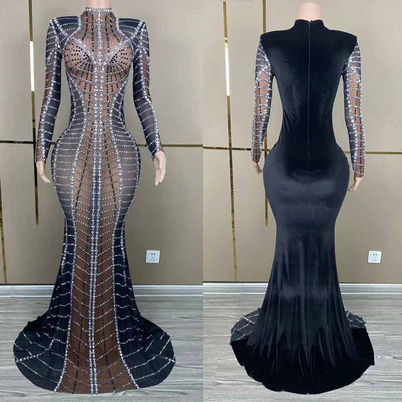 

Sparkly Black Velvet Rhinestones Evening Dresses Women Party Celebrate Dress Wedding Costume Stage Performance Outfit XS7454