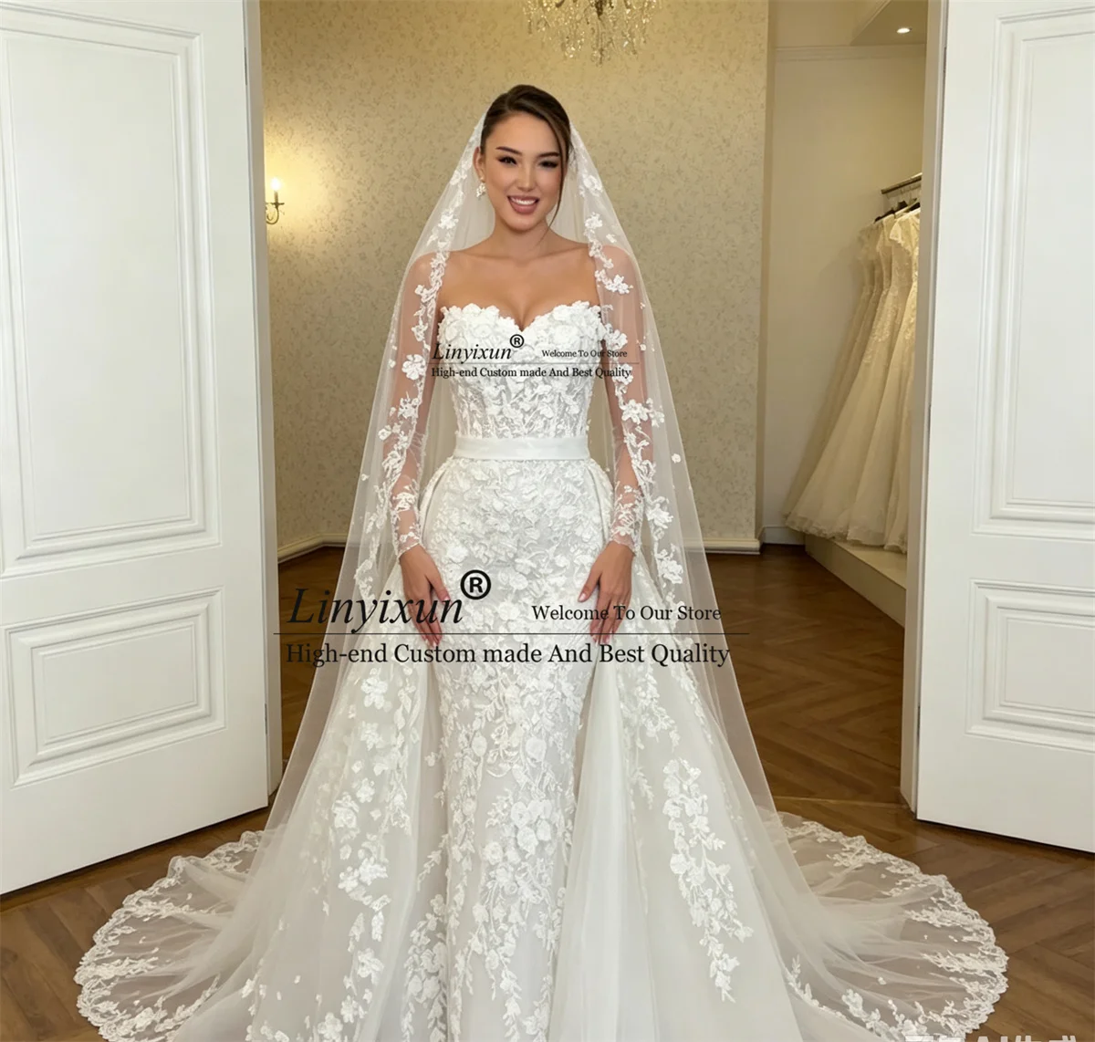 African Sweetheart Lace Mermaid Wedding Dress With Veil Decoration Bridal Gown Sleeveless Customized Vestido De Novia