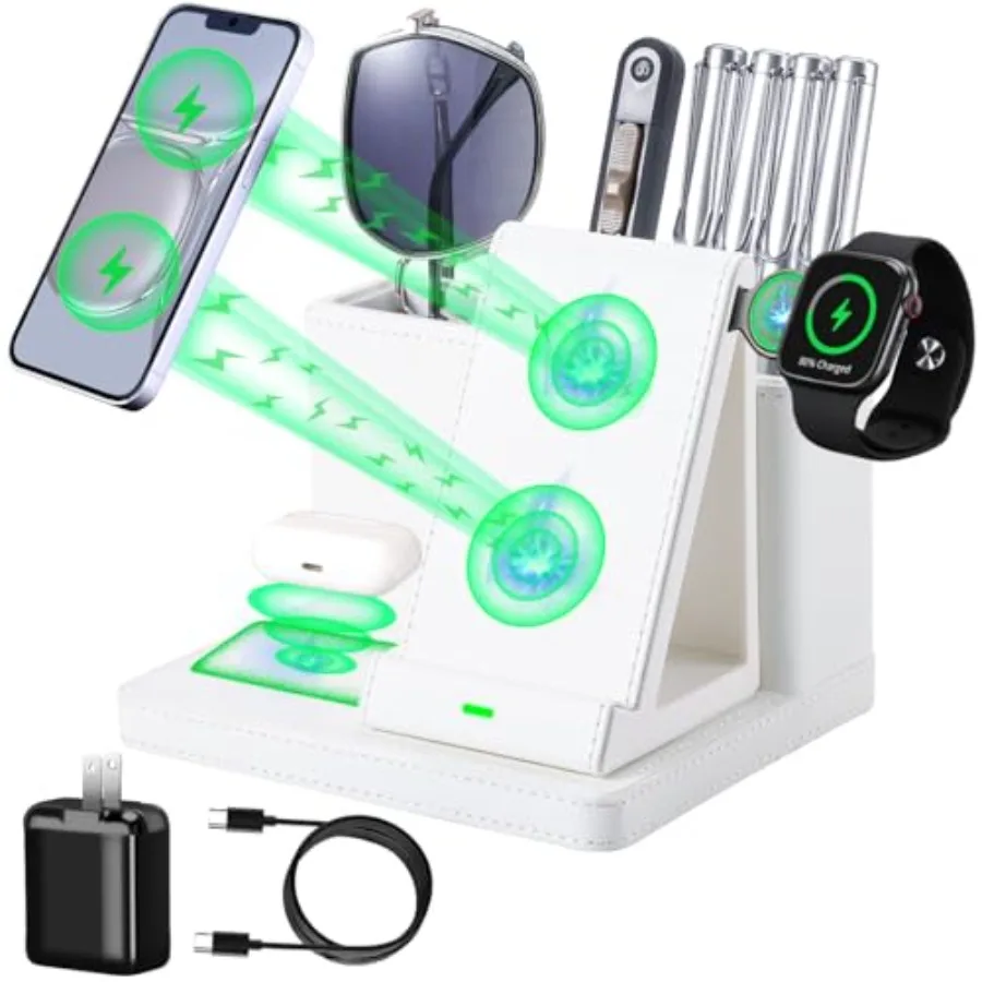 

Кожаный настольный органайзер с держателем для ручек и беспроводной зарядкой 3-в-1 для телефона, наушников и часов, многофункциональная подставка для телефона на рабочий стол