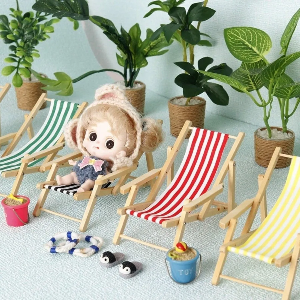 Mini 1/12 Dollhouse Chair Wooden Multicolors Foldable Beach Chair Model 11.5*5.5*6.5cm Doll House Furniture Decoration