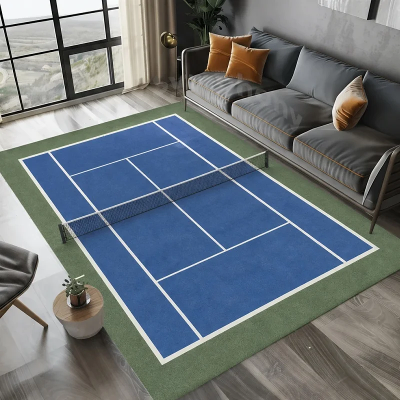 Tennis Court Pattern Area Rug, Tennis Field Print Floor Carpet, Sports Style Indoor Home Decor Mat