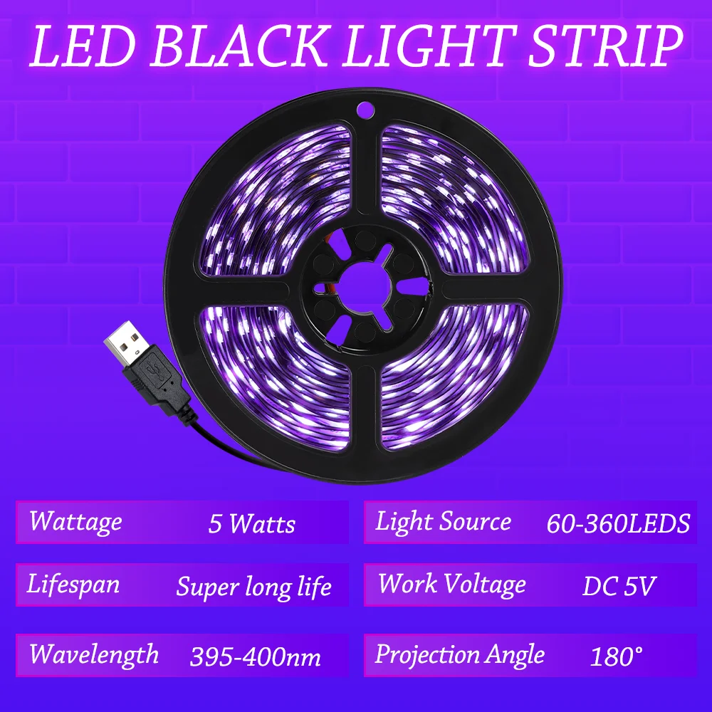 2M USB UV LED Strip Light with Battery Box - 1/2/3/4/5/6 Pcs Pack | Perfect for Holiday Decor, Glow Parties & Neon Ambiance