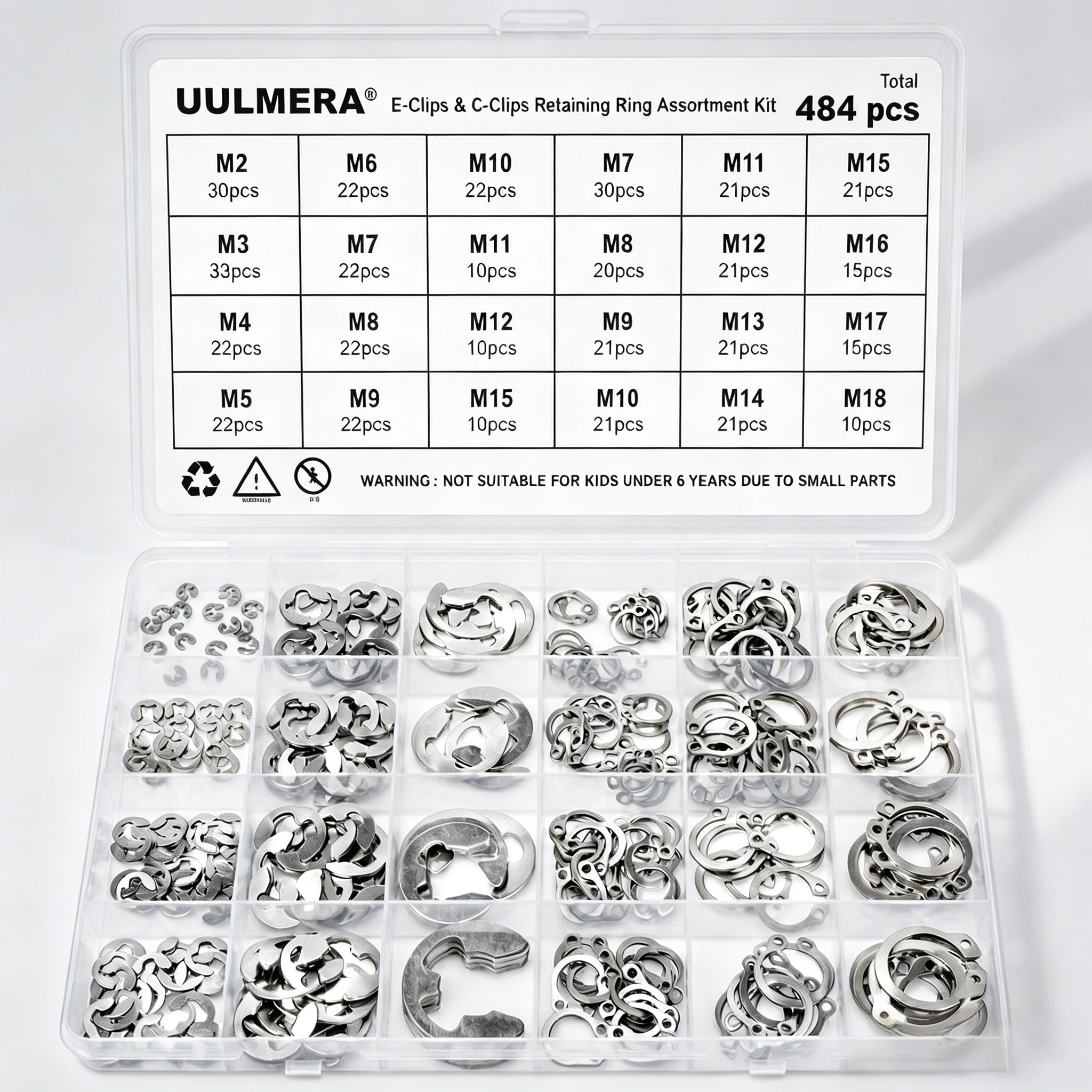 484pcs 304 Stainless Steel C Clip and E-Clips Assortment Kit External Retaining Rings Set Metric Snap Ring for Marine Auto