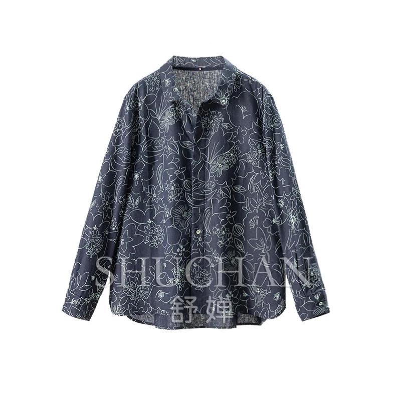 

Early autumn, blue tone, foreign trade D high-quality linen + cotton printed lapel long-sleeved shirt women 65C9