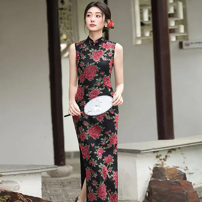 

Spring Summer Black Sleeveless New Chinese Suzhou Long Cheongsam Improved Young Style 2026 New Female Qipao Dress