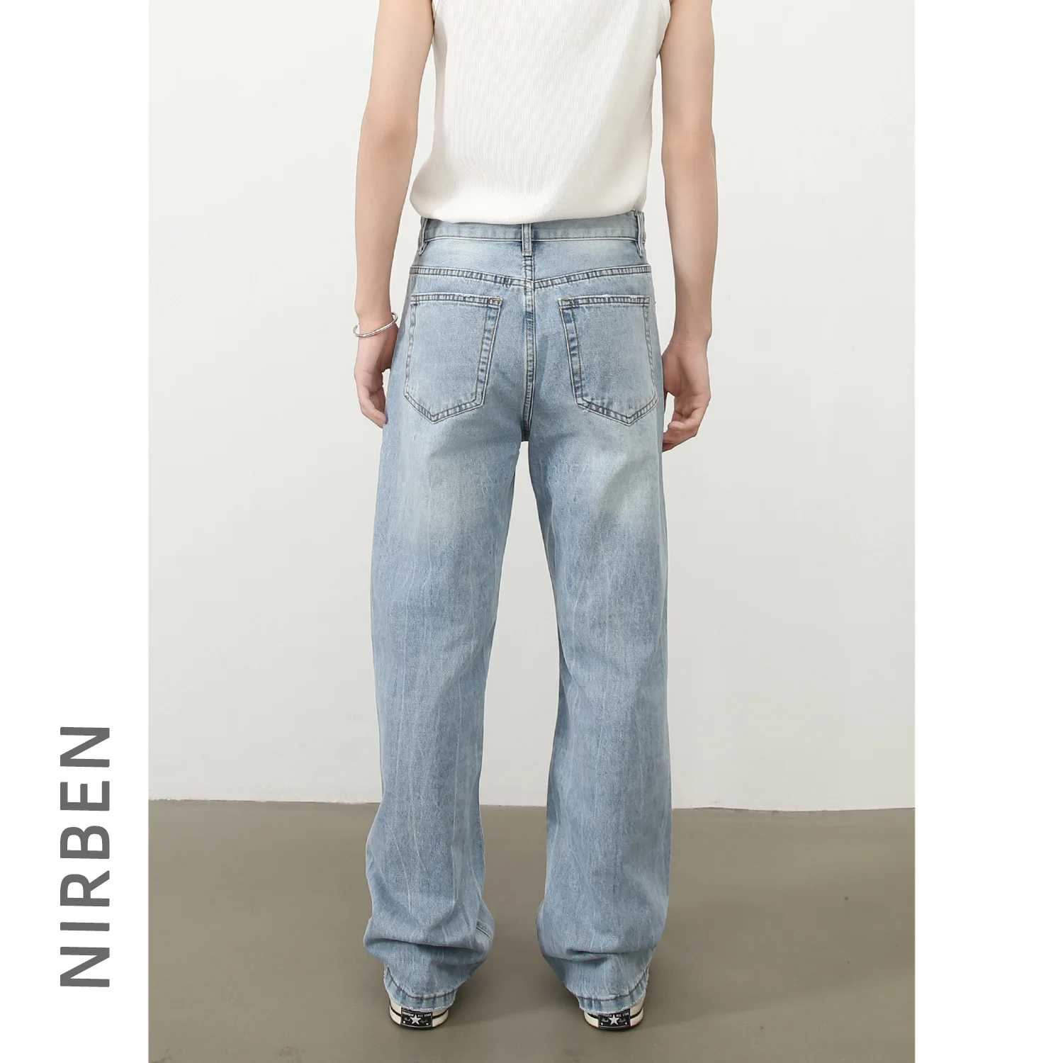 Denim American Retro Washed Blue Ripped Jeans Men's Simple And Versatile Loose Wide-leg Trousers