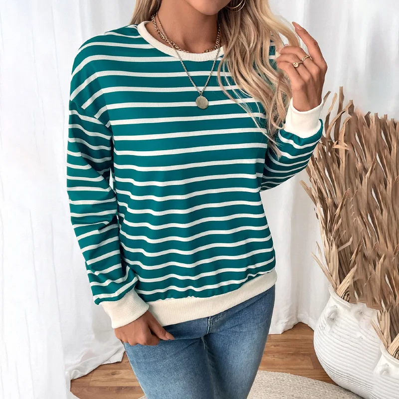 

Women's Clothing Sports Casual Tops Loose Round Neck Striped Long Sleeve T-shirt Contrast Blusas All-match Commuting Temperament