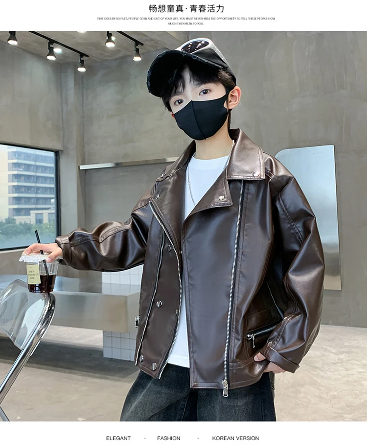 Elegante Kinder-Lederjacke für Teenager-Jungen im koreanischen Stil, schmal geschnittener PU-Ledermantel mit Reißverschluss, modische Frühlingskleidung für Kinder. – Detail 8