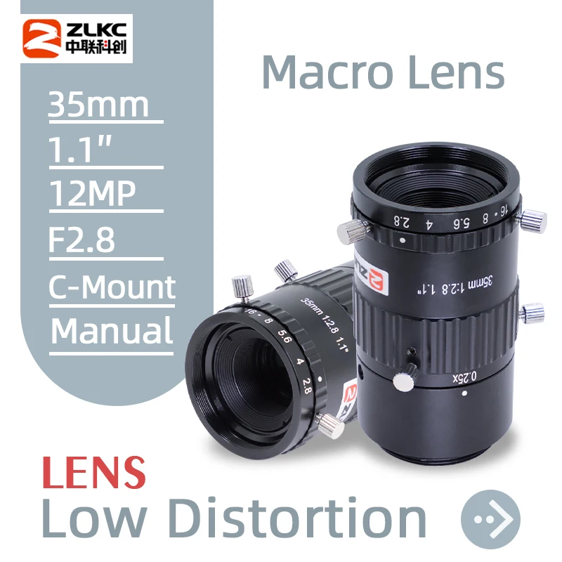 ZLKC Macro Lens 1.1 Inch 35mm Fixed Focus 12Megapixels Low Distortion C Mount Lens F2.8 Manual Iris WD59mm -0.7X Camera Lenses