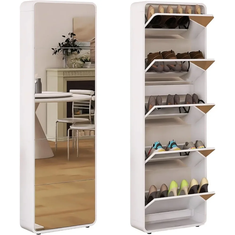 Shoe Storage Cabinet for Entryway - 5 Tiers Full Length Mirror Organizer - Wooden Narrow White Cabinet