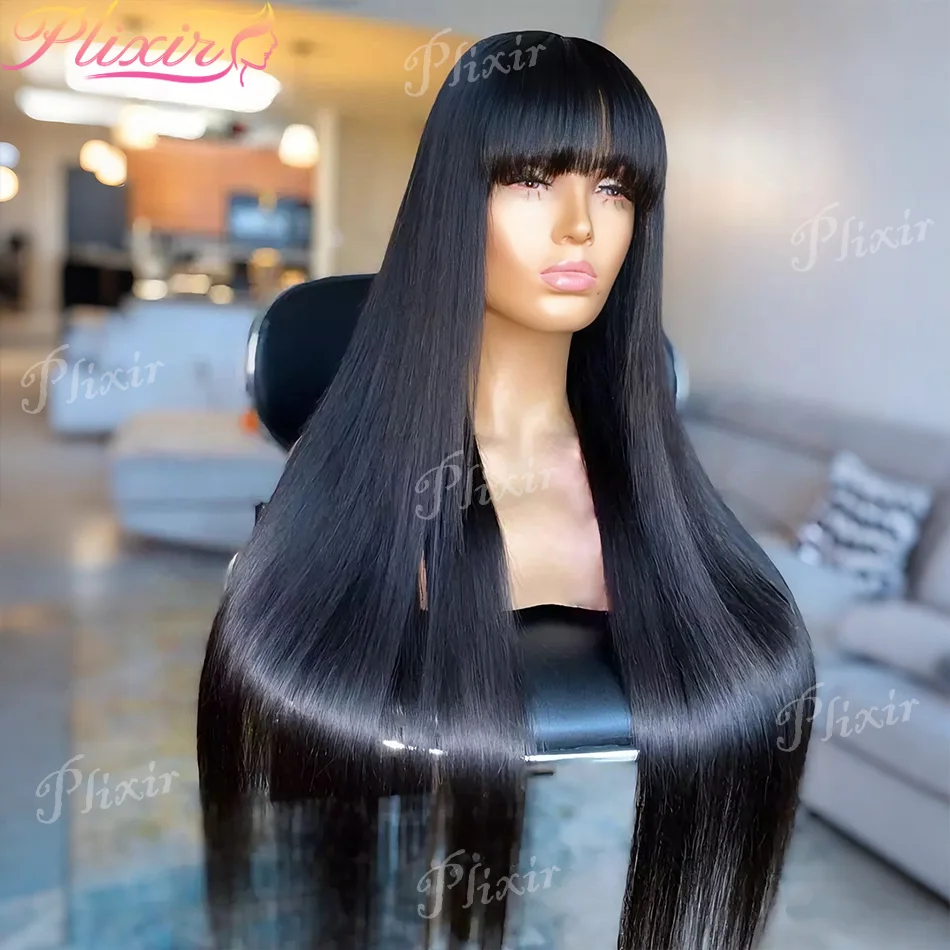 

Black Straight Wig With Bangs 3X1 Middle Part Lace 100% Human Hair Wig For Women Brazilian Full Machine Made Fringe Glueless Wig