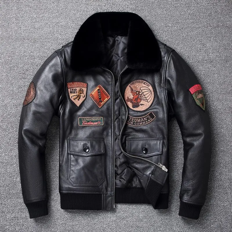 2024 New Winter Warm Top Layer Cowhide Leather Jacket Men's Plus-size Cotton Flight Suit Cowhide Pilot Jacket With Fur Collar