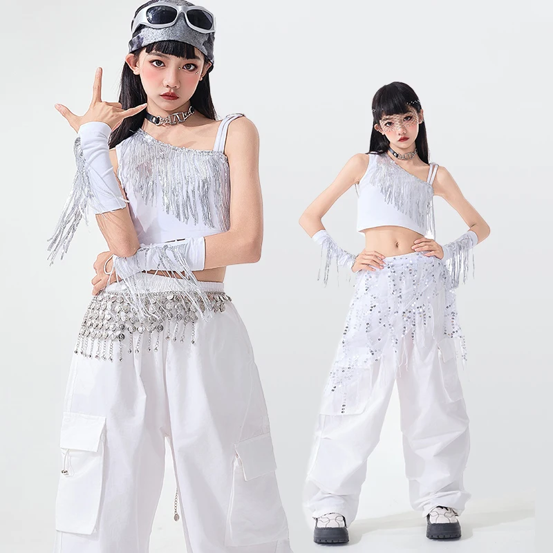 

Fahion Girls Performance Kpop Outfits Kids Jazz Dance Costume Hip Hop Clothing Street Suits Fringed Top Pants Rave Wear SL13260
