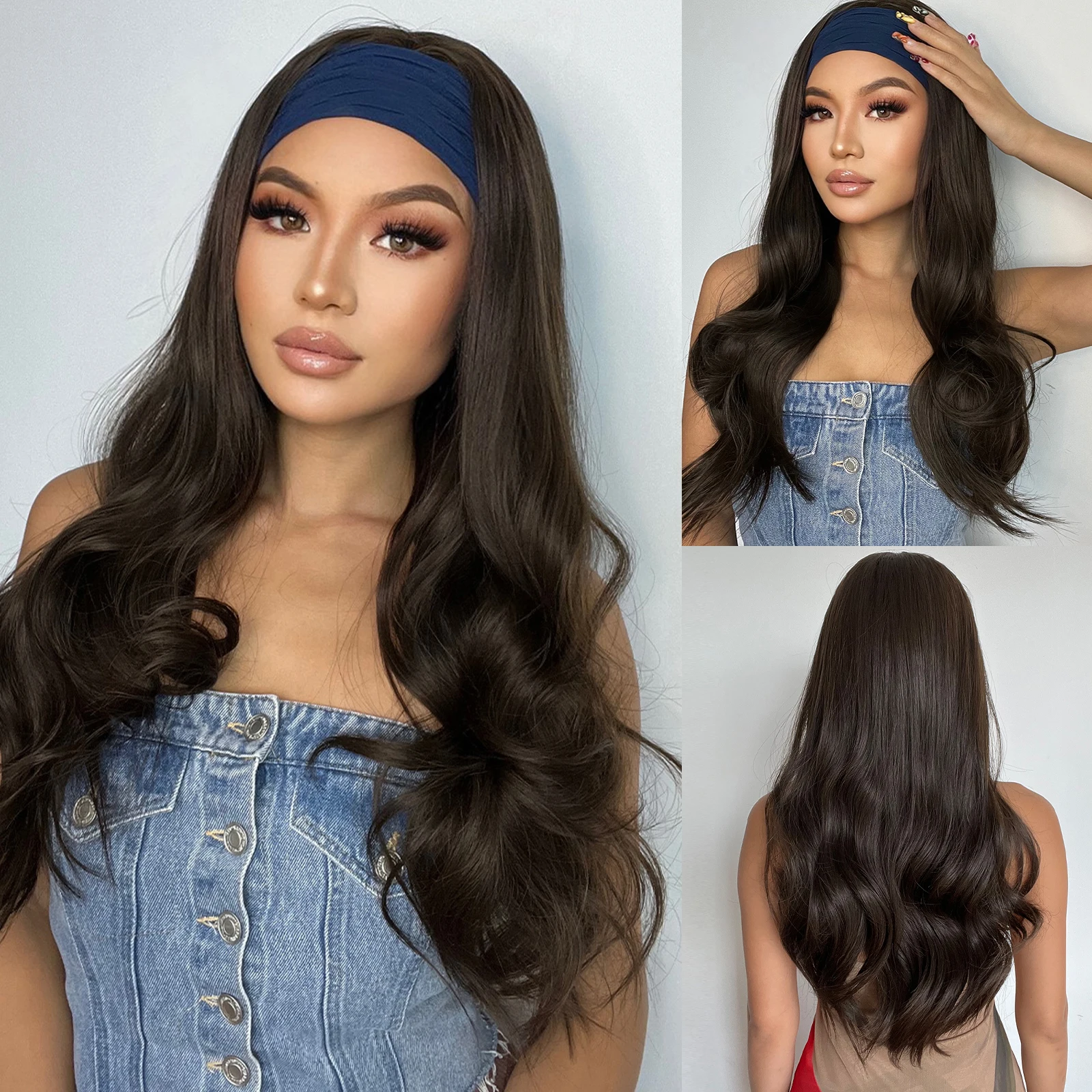 3/4 Long Synthetic Half Wig Dark Brown Wavy Natural Hair Wig with Comb Head Cap Clip HeadBand Wigs for Women Jewish Bandfall Wig