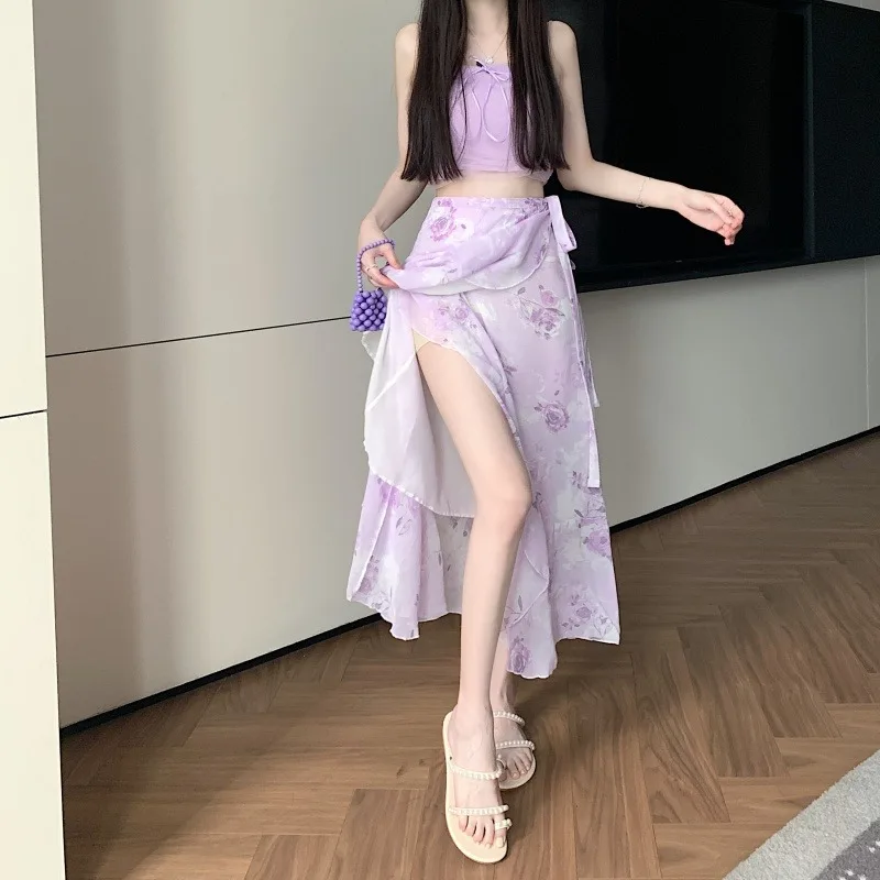 

Элегантная женская пляжная шифоновая юбка миди А-силуэта с высокой талией, цветочным кружевом и эффектом драпировки, универсальная, стройнящая, в форме зонтика