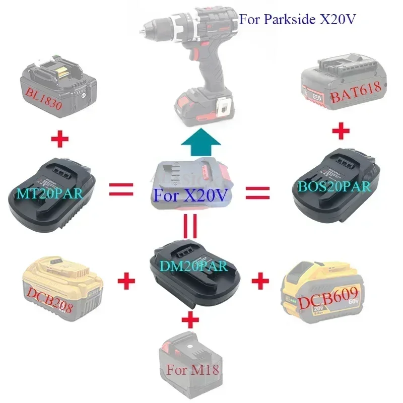 MT20PAR DM20PAR BOS20PAR Adapters for Converting BL1830/BL1815/DCB208/M18/BAT618 18/20V Batteries for X20V Series Power Tools