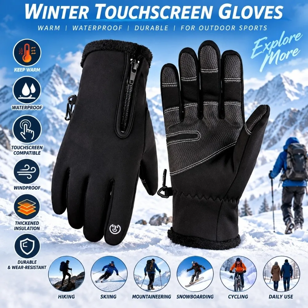 Waterproof Men's Black Winter Gloves with Zipper Touch Screen Thermal Cycling Gloves Non Slip Elastic Cuff Winter Sports Gloves