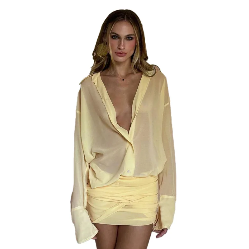 Elegant Lapel Pleated Slim Shirt Dress Women Casual Long Sleeve Solid Color Short Skirt 2025 Fashionable Button Waist Mini Dress