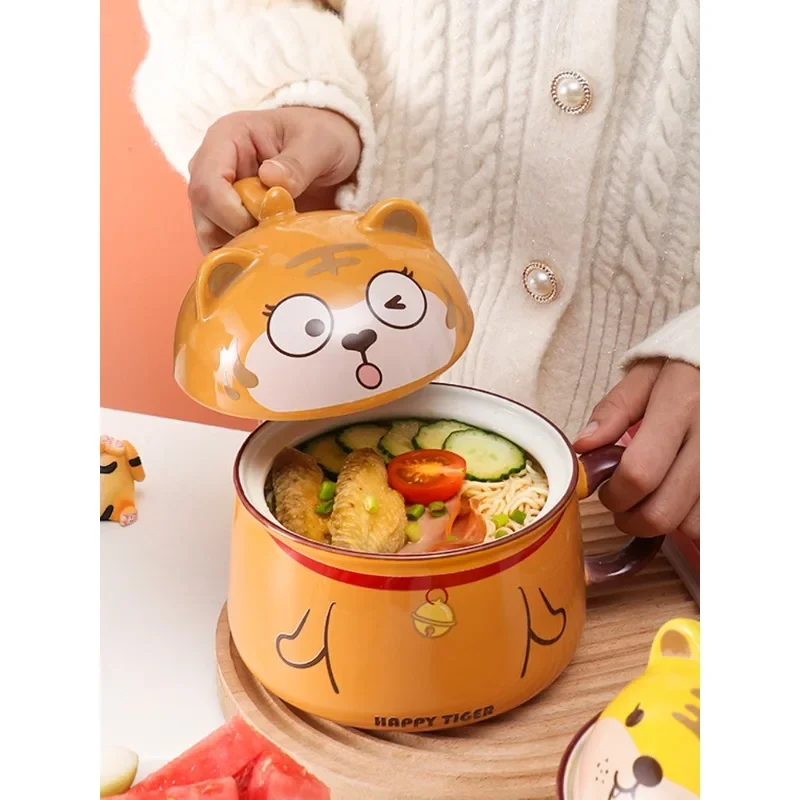 Ceramic instant noodle bowl with lid student dormitory large capacity easy to clean lunch box with handle