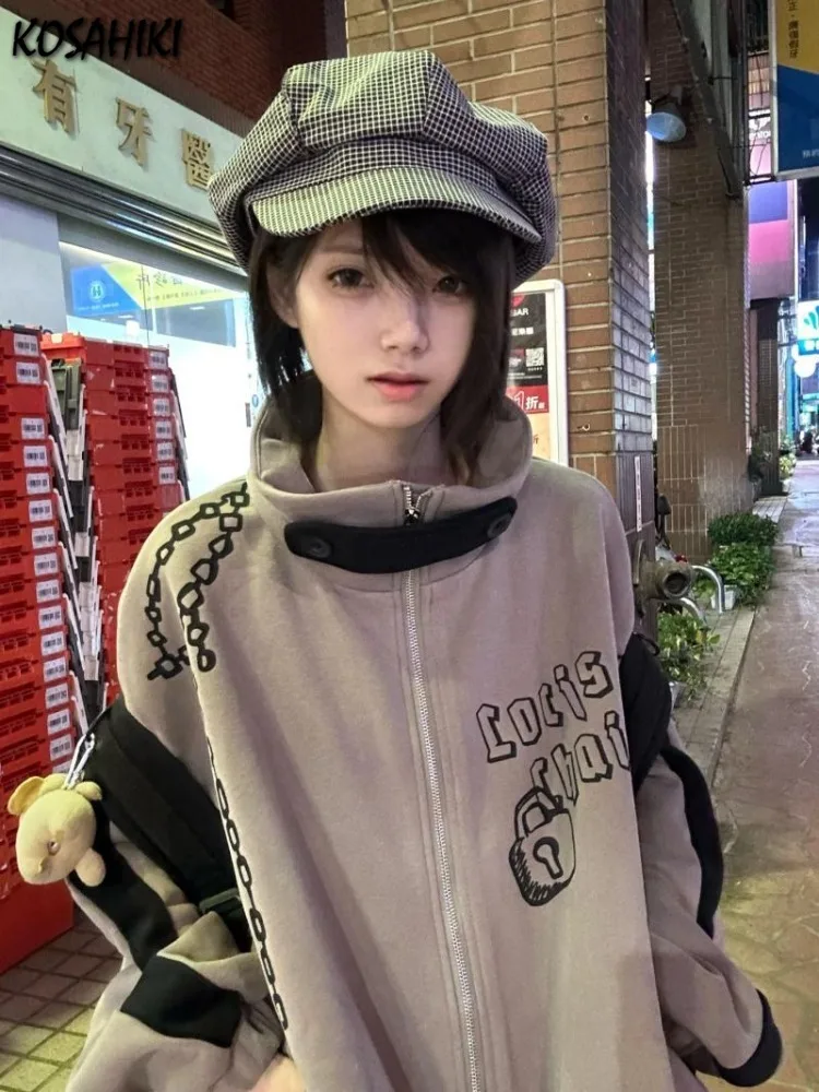 Vintage Letter Print Sweatshirt Half Turtleneck Oversized Streetwear Coat Y2k Aesthetic Casual Harajuku Grunge Zipper Hoodies