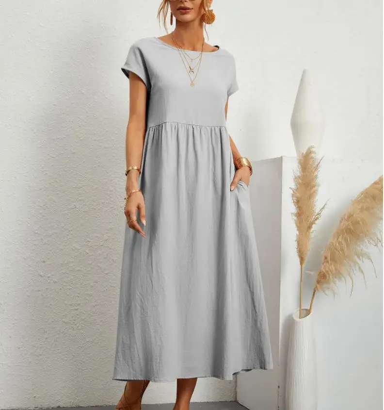 Women\'s Dress Summer New Round Neck Short Sleeve Cotton Pleated Elegant Dress Fashion Solid Color Combination Vintage Long Dress