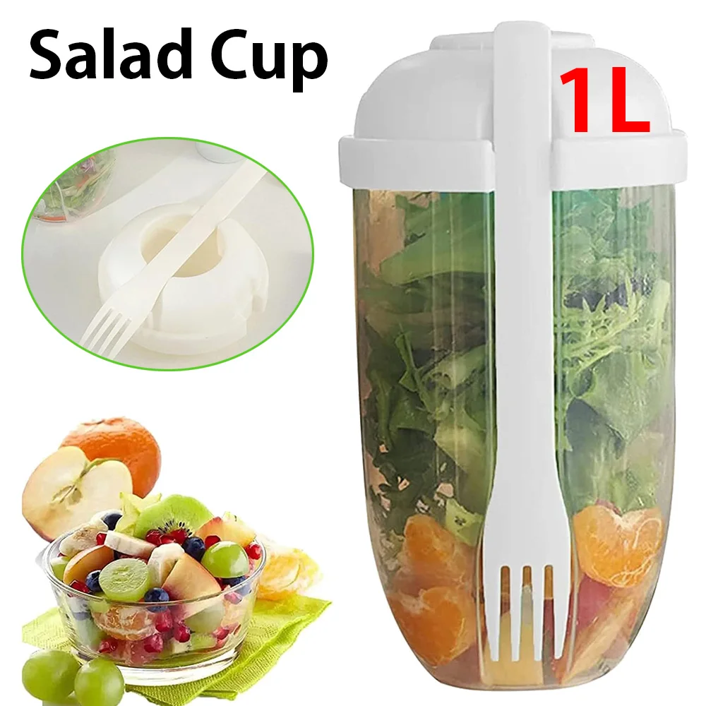 1L Salad Cup Breakfast Salad Container Bottle with Fork Food Storage Bento Box Yogurt Oatmeal Bowl Cereal Milk Cup Fitness Tool