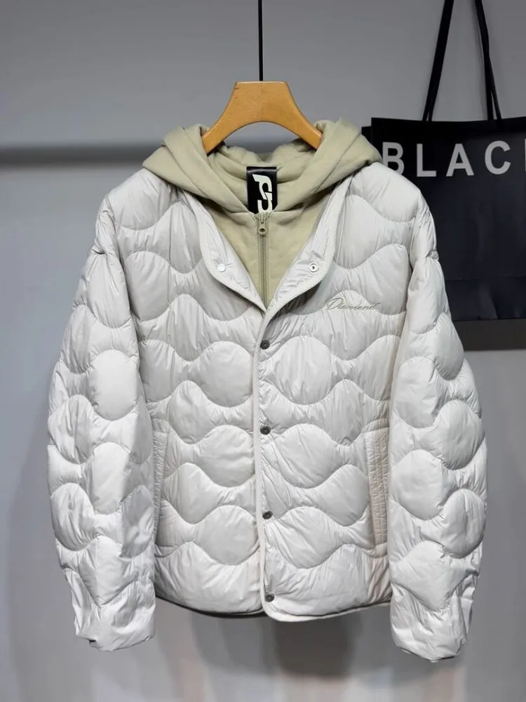 Winter Mens Spliced Fake Two Piece Hooded White Duck Down Jacket Casual Fashion Embroidery Coat Thick Warm Loose Fit Overcoat