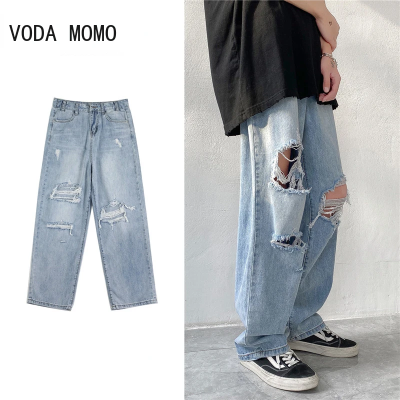 

Men Jeans Wide-leg Straight Jeans 3XL Hole Ripped Street-wear All-match Denim Trousers Mens Loose Casual Fashion Harajuku New